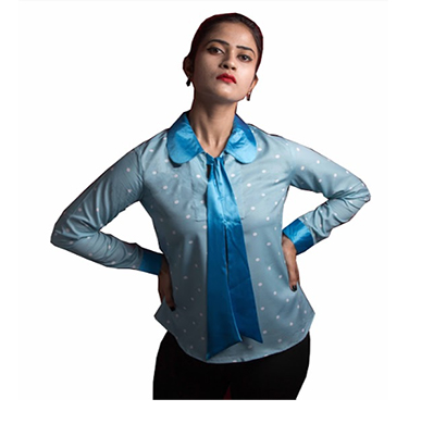 f3 (f3_0806/casualtop_1039) women's top coller neck,casual, full sleeves,front knotted style,crepe & satin (sky blue)